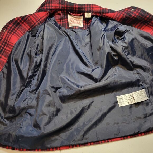 Levi's Red Black Plaid Wool Blend Cinch Waist Jacket Coat Women's XS Cabincore - Picture 7 of 11